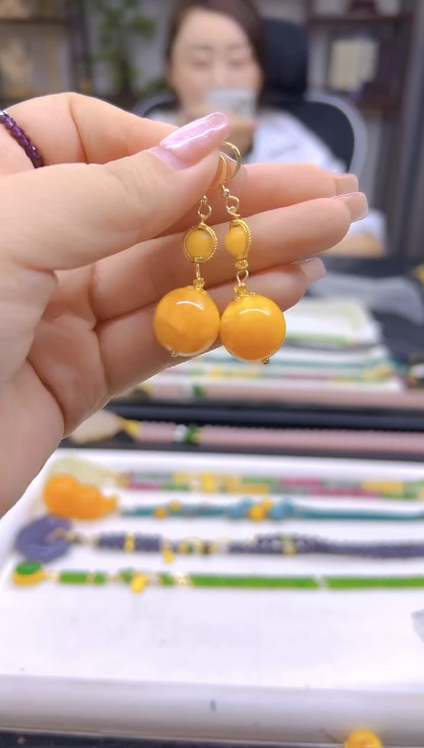 14K金镶嵌蜜蜡耳饰DIY款E496