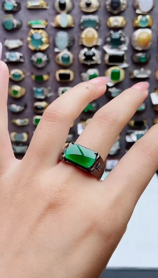 银S925镶嵌戒指翡翠天然翡翠男戒