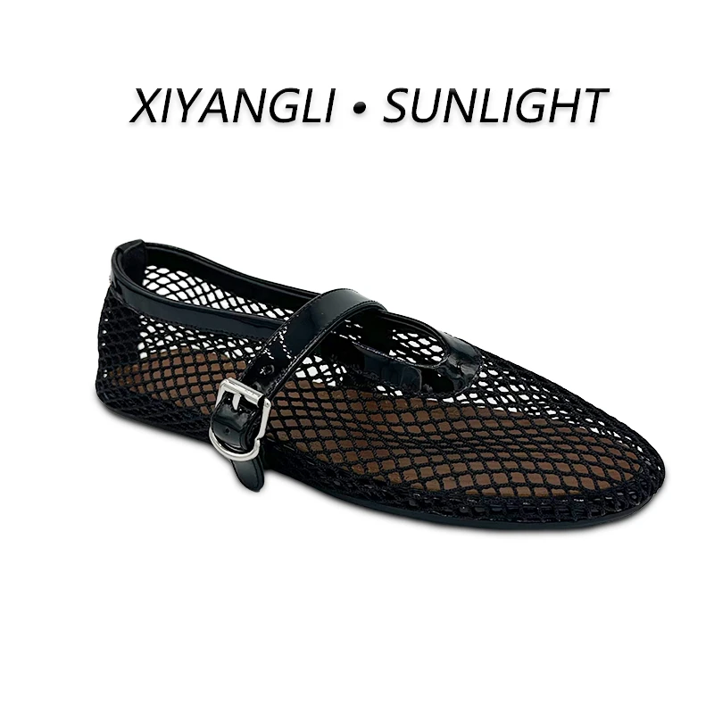 2025春季法式小众设计师渔网鞋镂空网纱鞋玛丽珍鞋一字扣带平底鞋