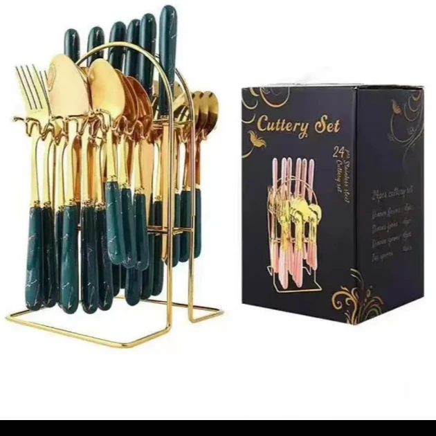 不锈钢餐具24件套大理石纹刀叉收纳架FF