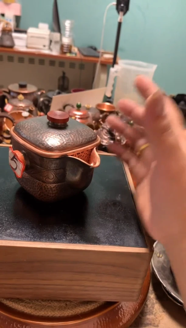 金属纯紫铜簪刻四方手抓壶