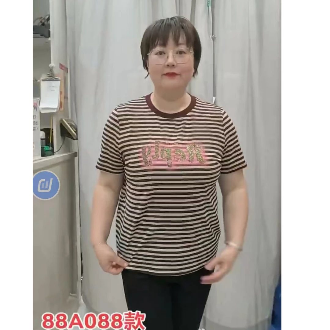 新款烫钻条条短袖T恤088