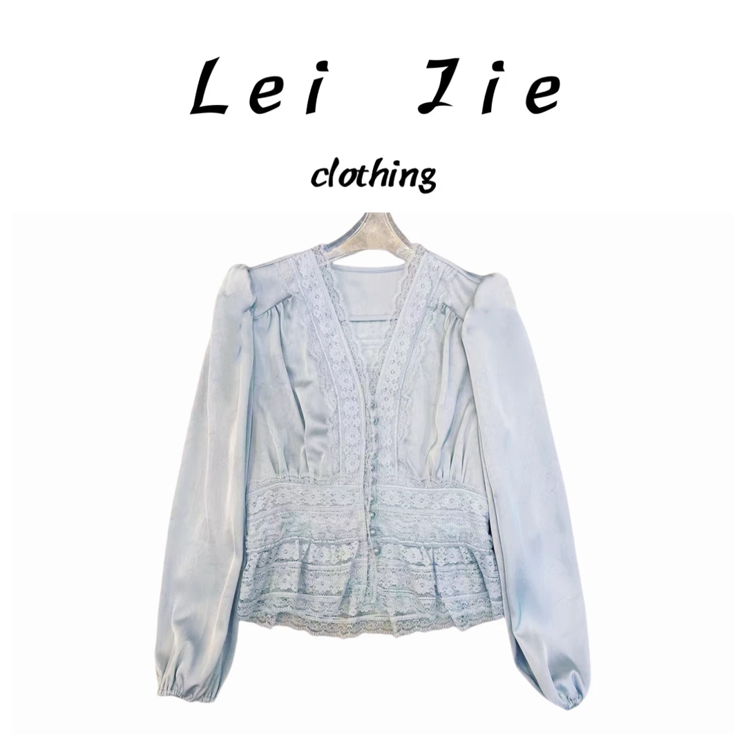 【Lei Jie】醋酸缎拼接蕾丝优雅上衣160