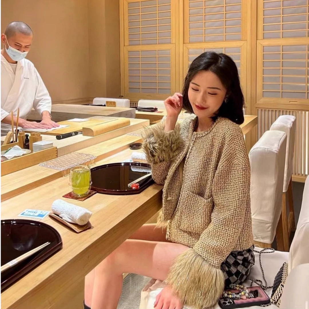 95新 Chanel/香奈儿 城堡系列皮草金色闪量外套/f36/编号0766