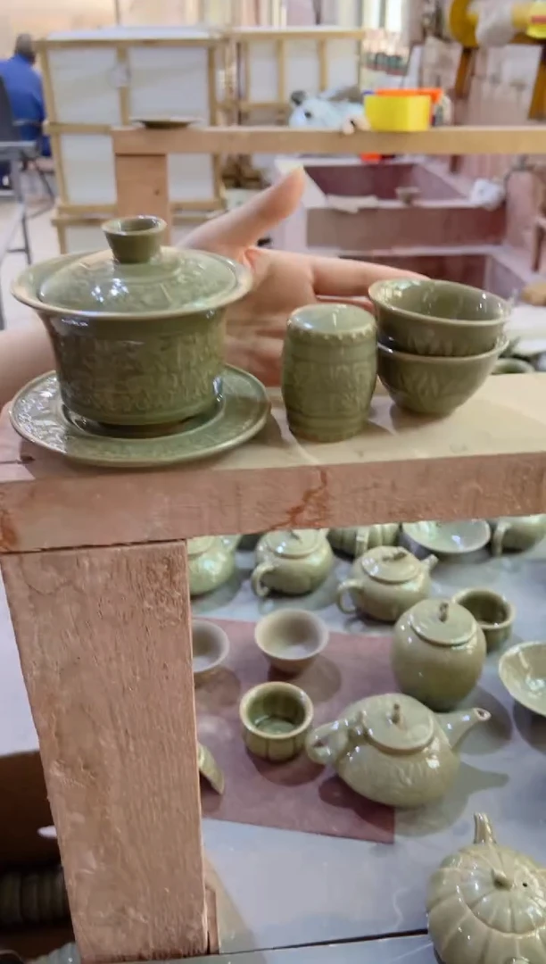 耀州窑饕餮纹三才盖碗莲纹小杯2+饕餮盖置