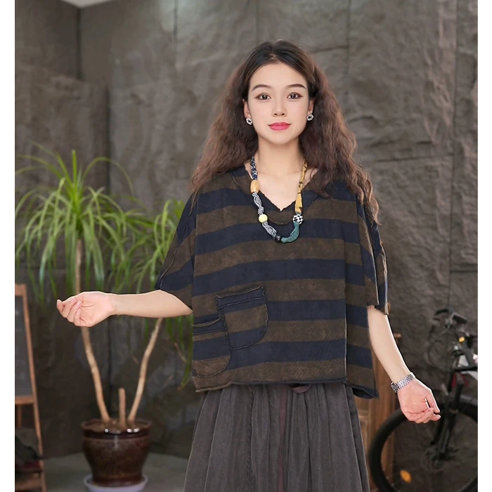 LL100%纯棉条纹短袖夏季女装宽松显瘦百搭上衣T恤-Q836T