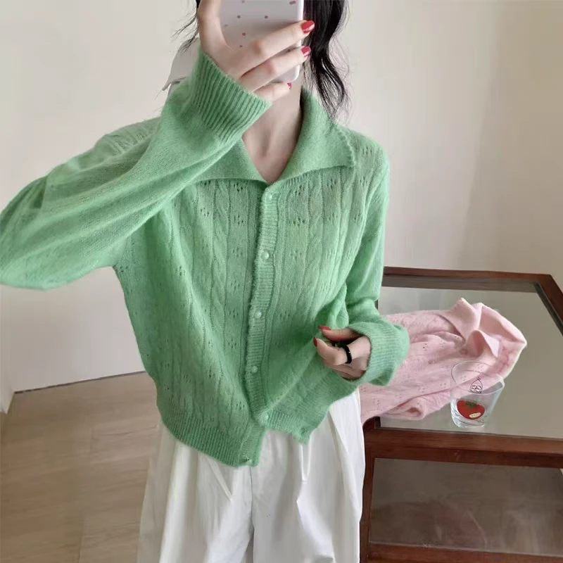 小翻领麻花早秋新款绿色镂空开衫