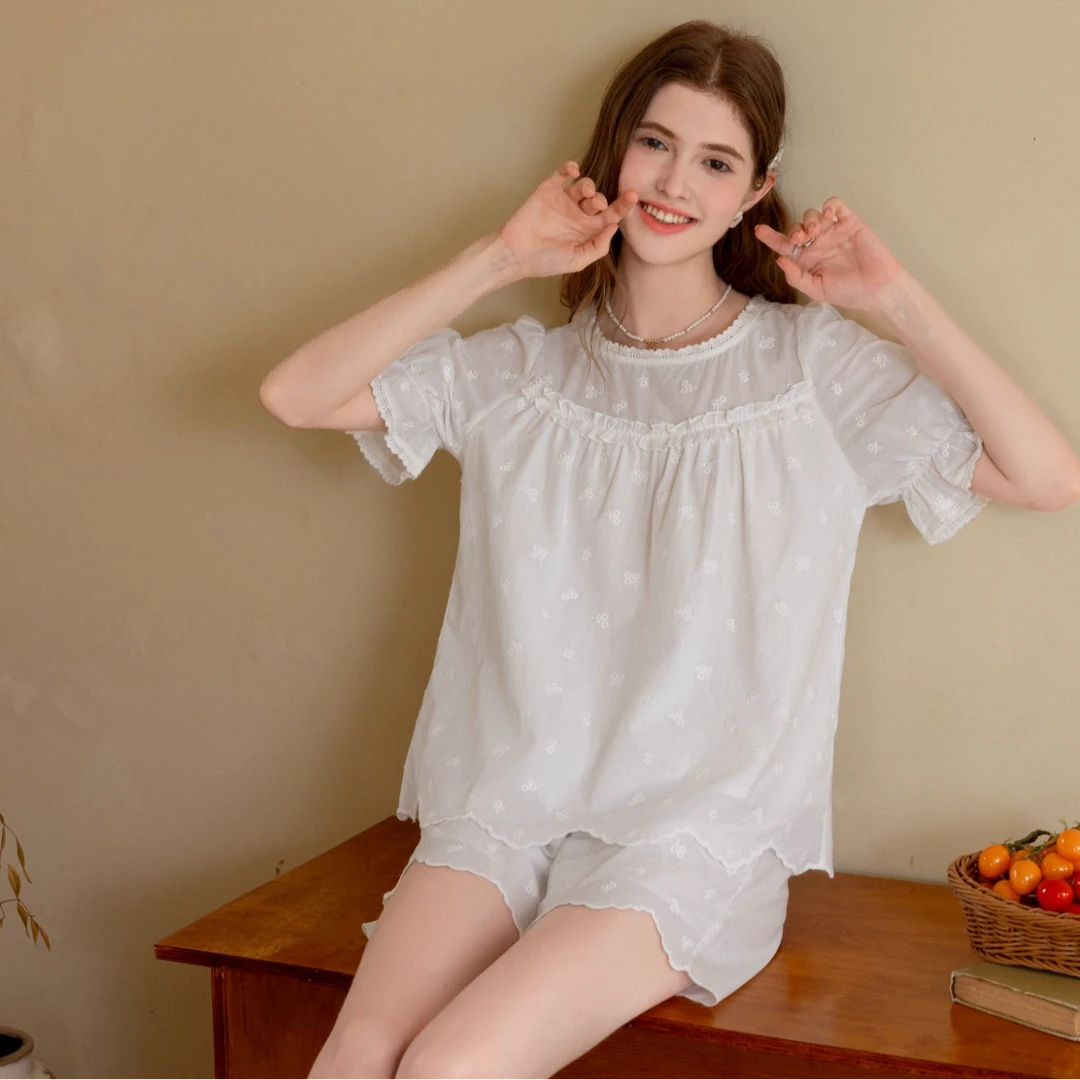 法式纯棉蕾丝细节控~公主风可外穿家居服短袖套装    M693