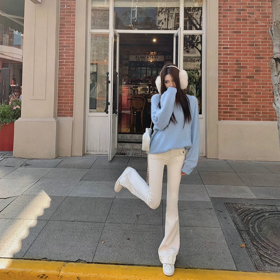 韩系蓝色连帽针织衫女秋冬新款宽松百搭上衣高腰显瘦长裤两件套