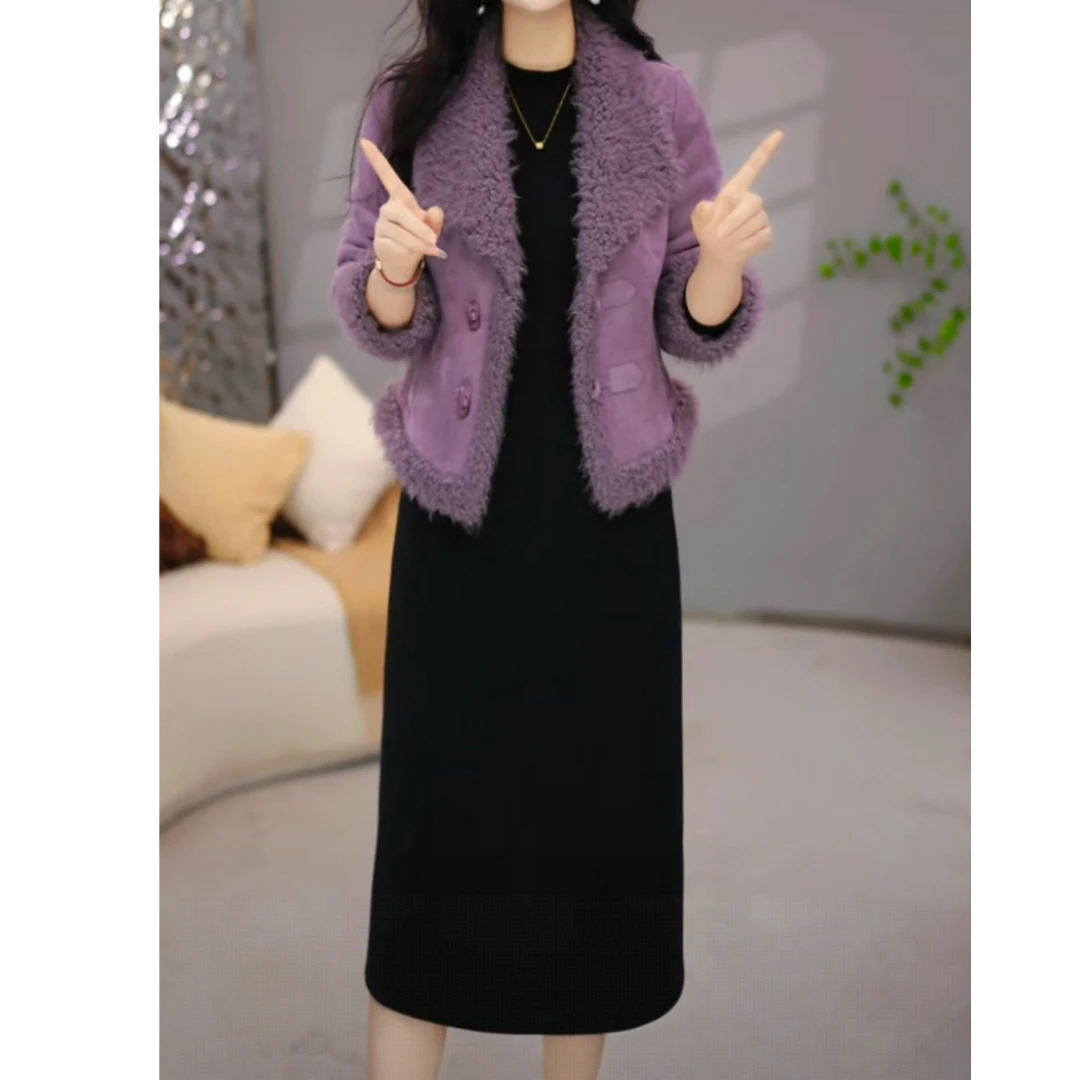 伊纤梦外套+连衣裙 2025冬季洋气减龄时尚百搭紫色显白显瘦套装裙