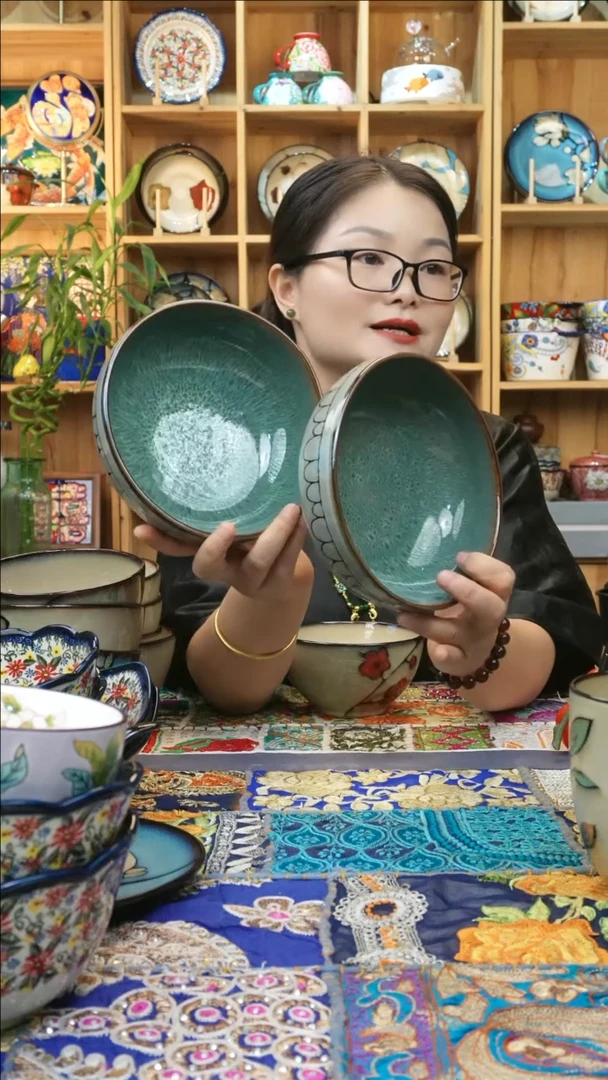 瓷片小可高温瓷餐具孔雀绿深盘2只