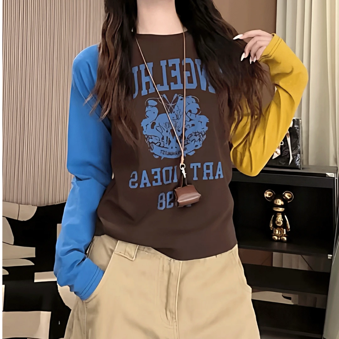 2025秋冬新款云朵绒设计感撞色拼接圆领长袖宽松百搭休闲打底1906