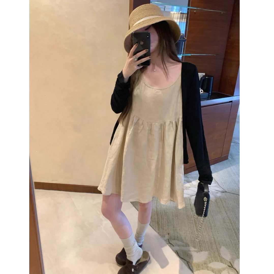 秋季新款慵懒休闲百搭开衫+甜美温柔风无袖连衣裙两件套装D718