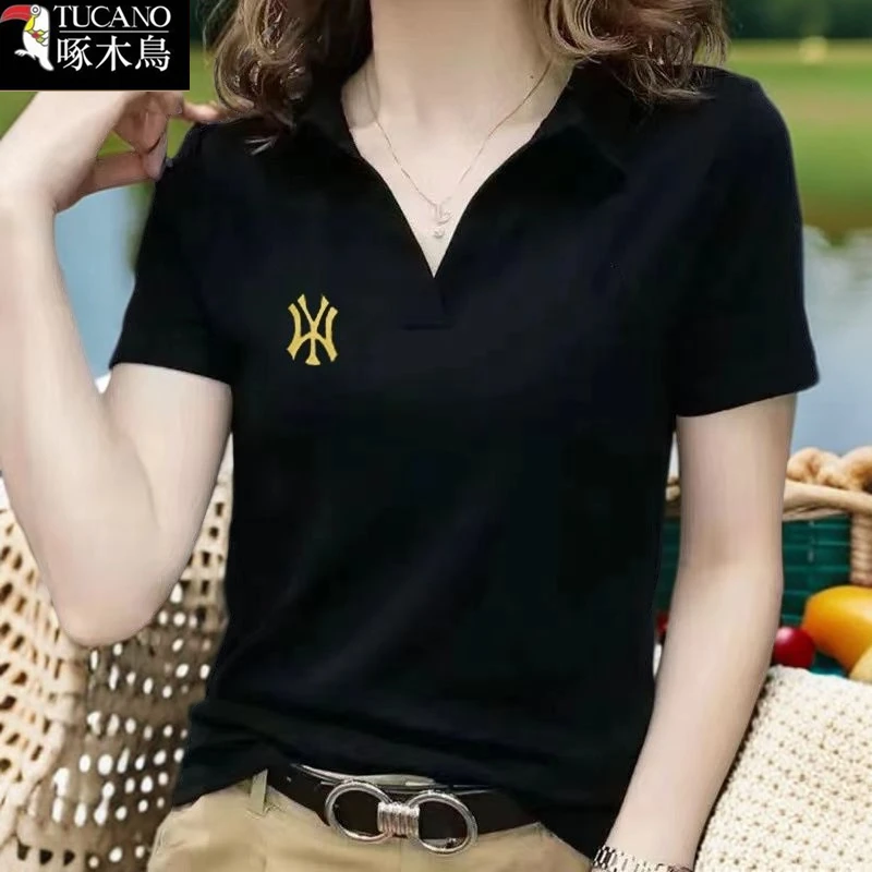 啄木鸟新款刺绣短袖T恤女士减龄翻领2025年夏季休闲百搭显瘦上衣