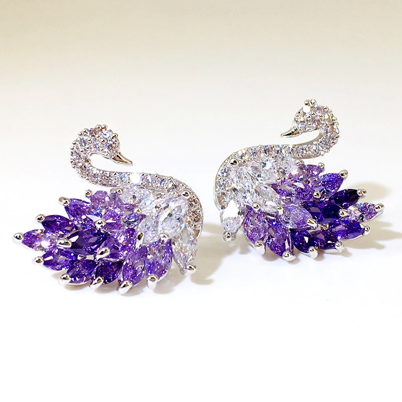 铜合金合成锆石耳饰 白k紫色天鹅耳钉2181