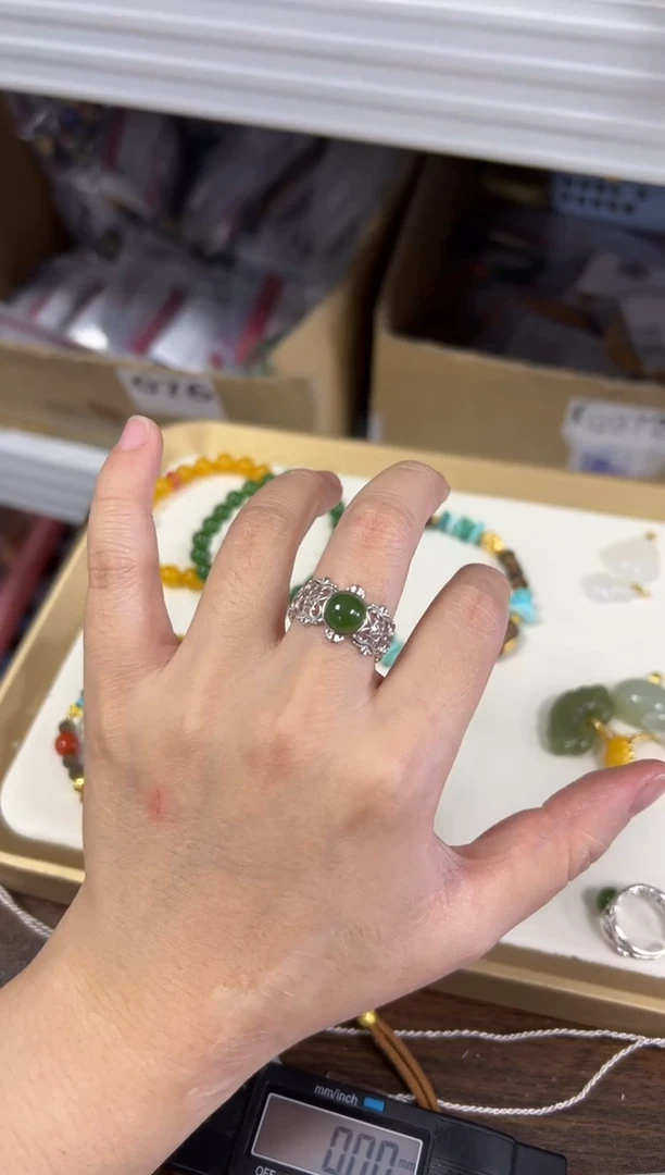 银S925镶嵌戒指和田玉和田玉碧玉镂空银镶嵌戒指[2420]