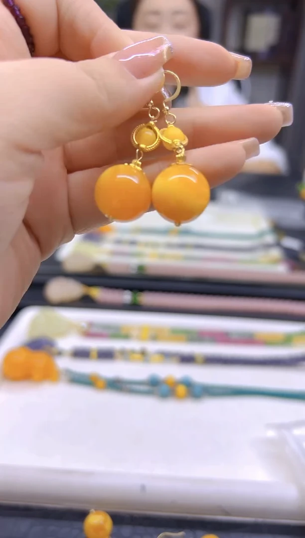 14K金镶嵌蜜蜡耳饰DIY款E496