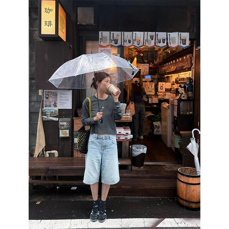 通勤穿搭圆领长袖薄款显瘦百搭小众时尚上衣休闲夏季ins牛仔短裤