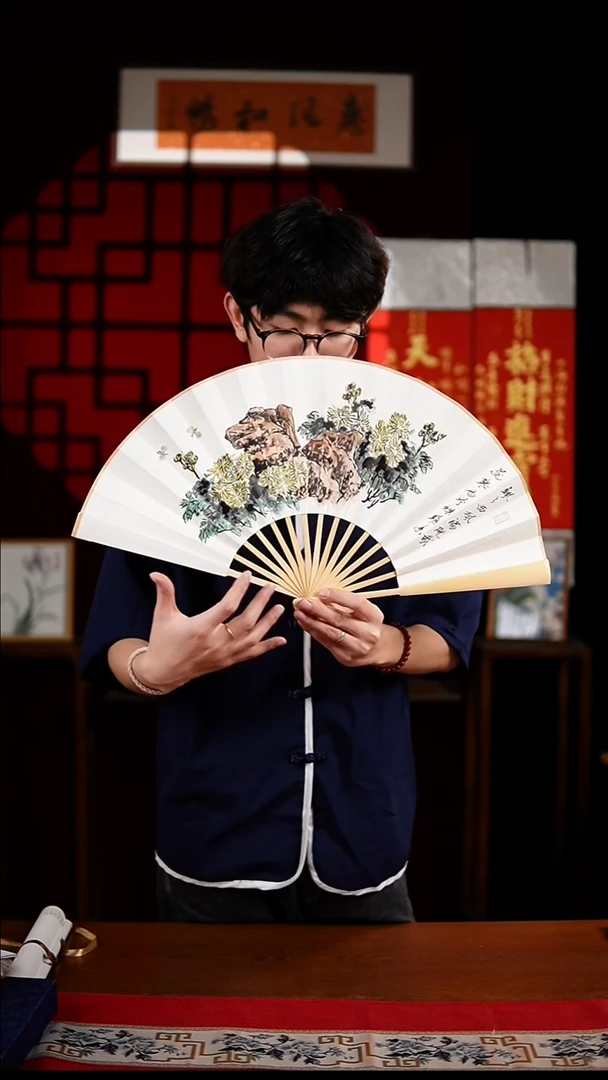 书法高级手工绘画折扇菊花隐正反面赠礼盒 杨