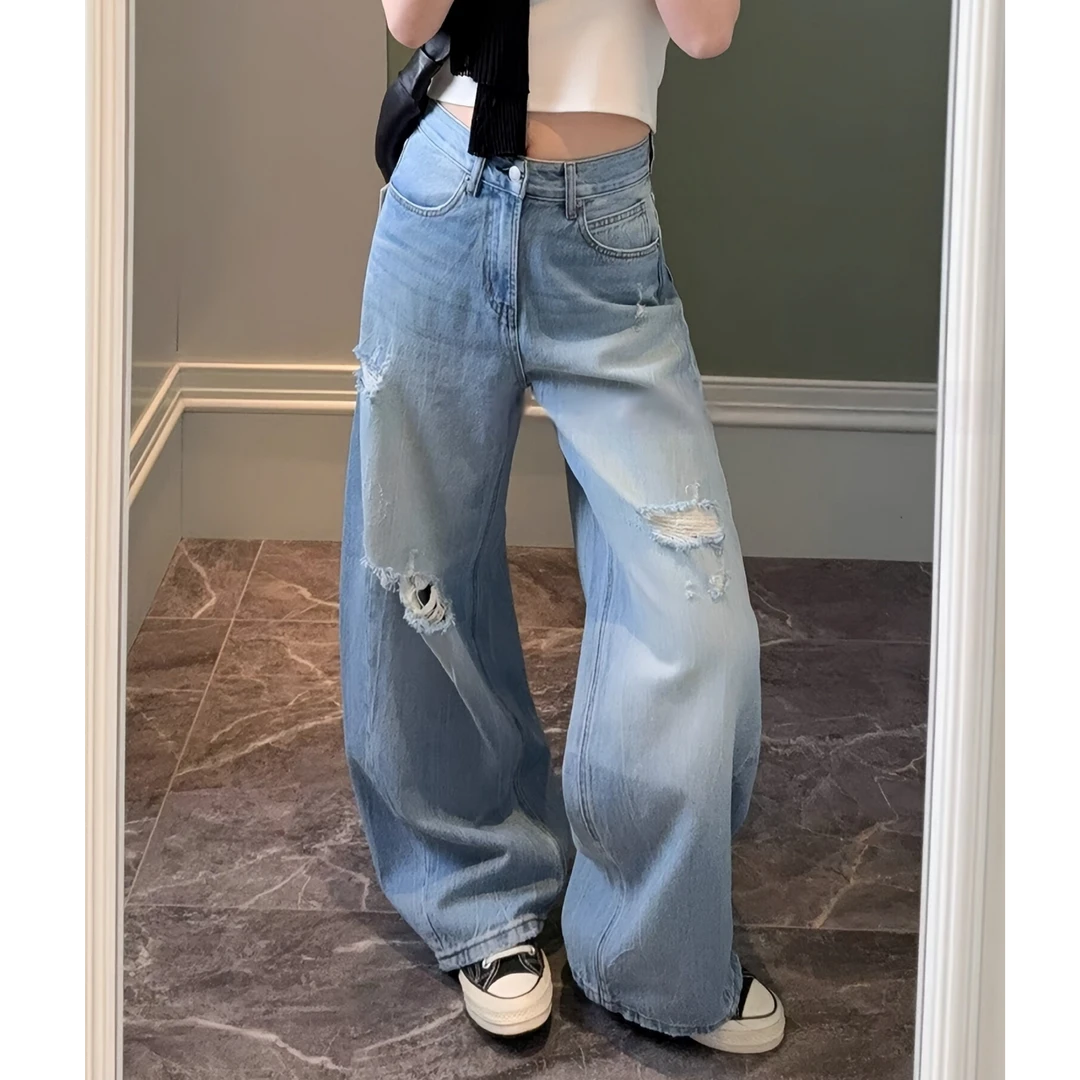 SU【300-1】花503 愫洋 MWMA新款薄款破洞弯刀裤浅蓝色扎花水洗牛仔