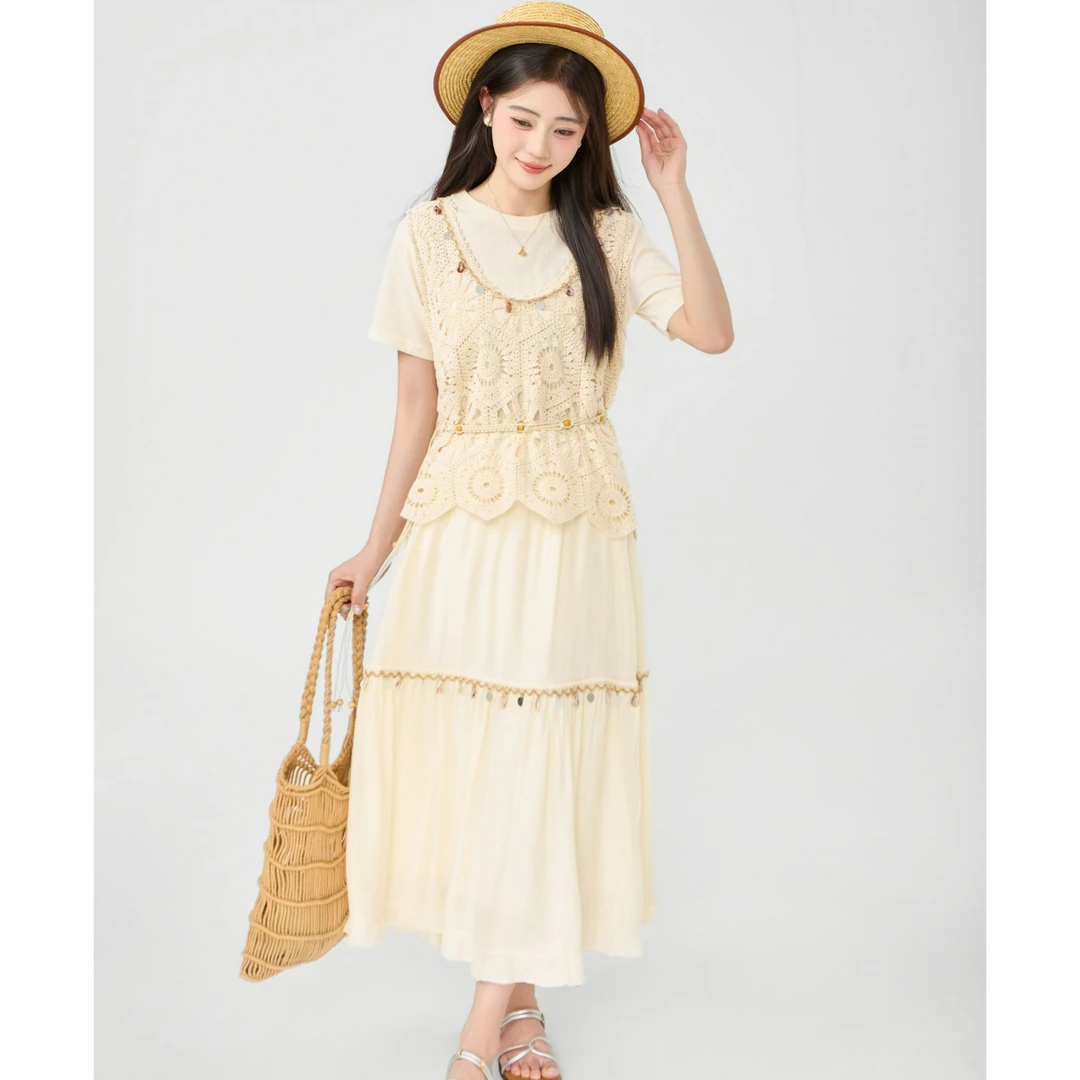 【四件套含腰带】法温柔风套装女25夏季新款镂空针织上衣配背心长裙