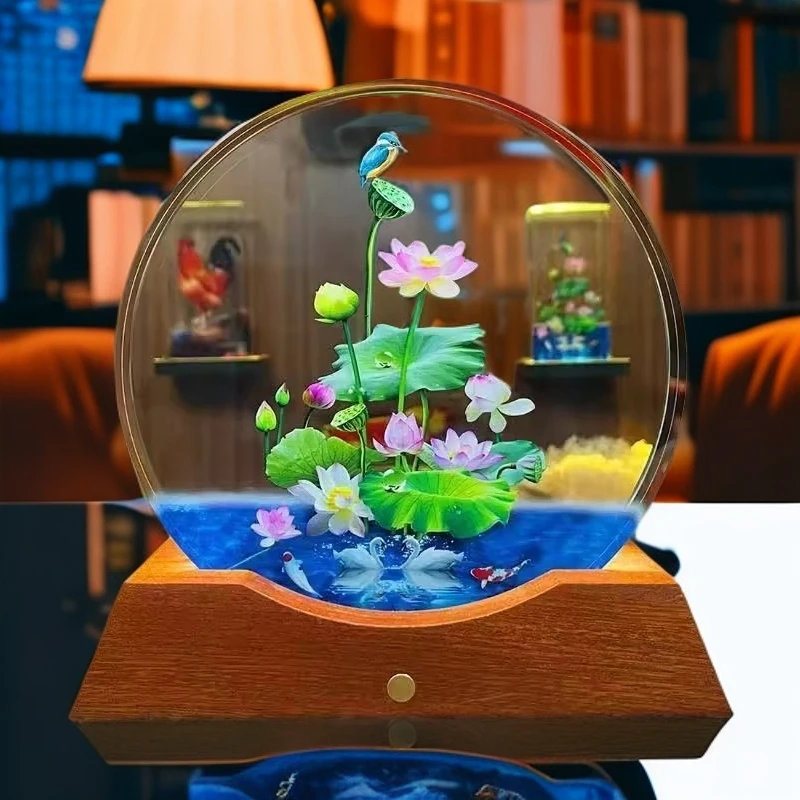 K9水晶3D内雕发光荷花装饰品适玄关电视柜作为生日礼物卧室氛围灯