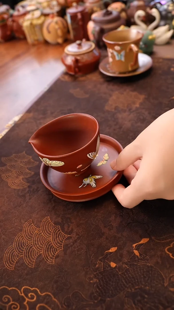 茶壶紫砂朱泥蝴蝶公道+盘子