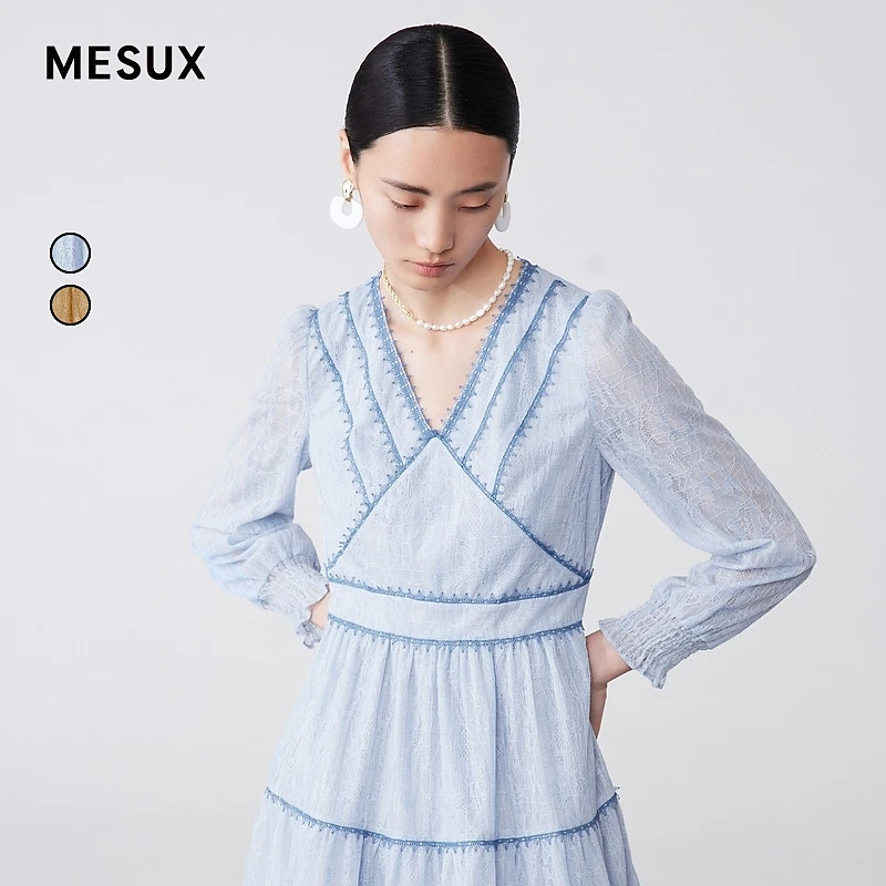 【许半夏专享】MESUX米岫春撞色织带蕾丝连衣裙MKSUO