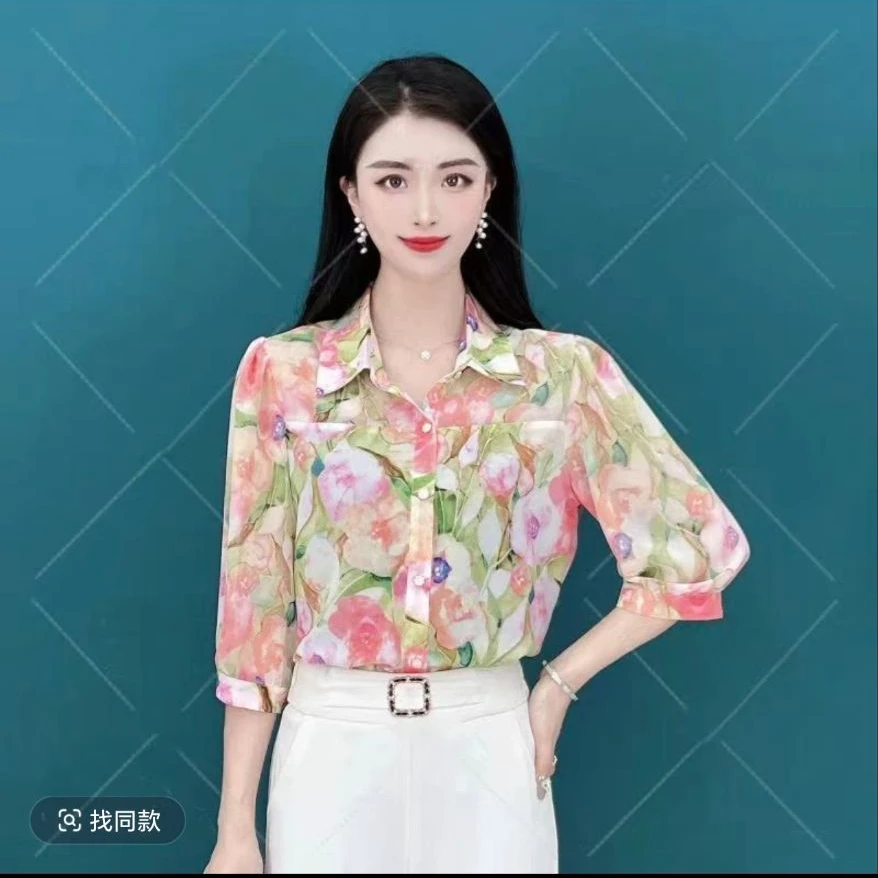 3988春夏新款新碎花衬衣小衫女时尚小衫夏季气质上衣显瘦雪纺