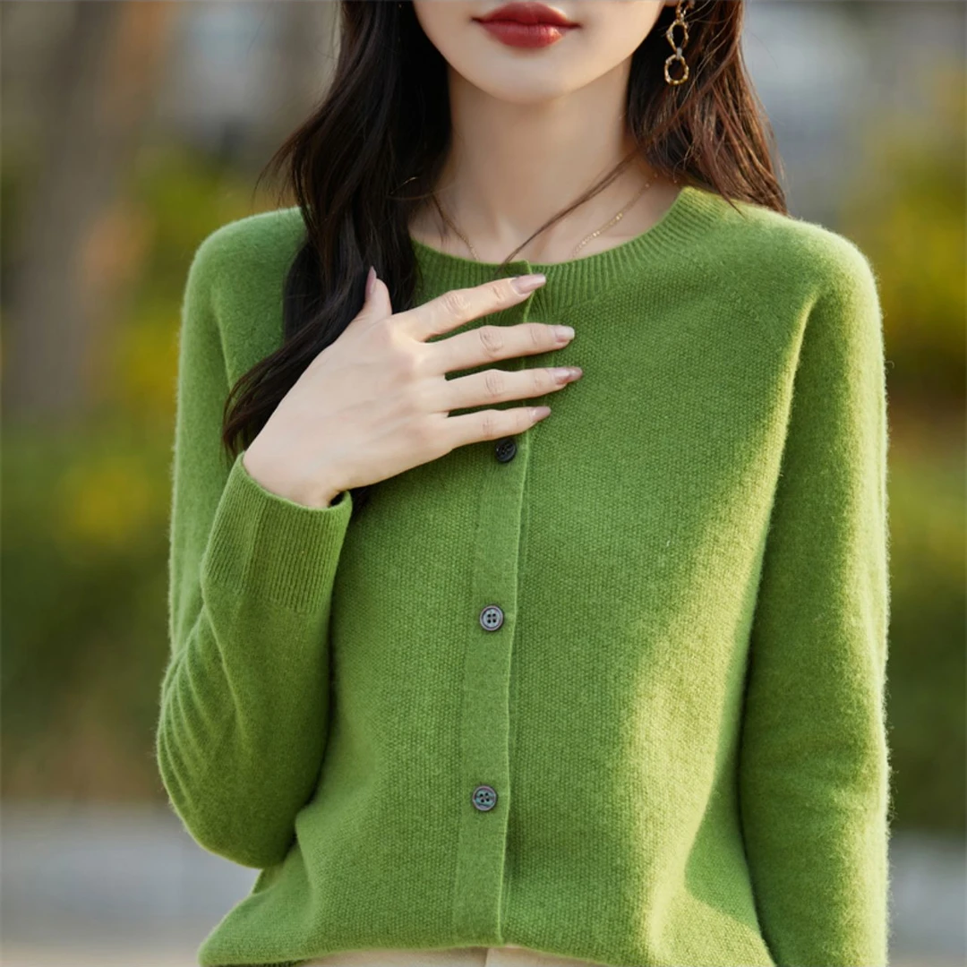 【100%羊毛】一线成衣羊毛衫女桂花针针织衫圆领宽松毛衣开衫内搭