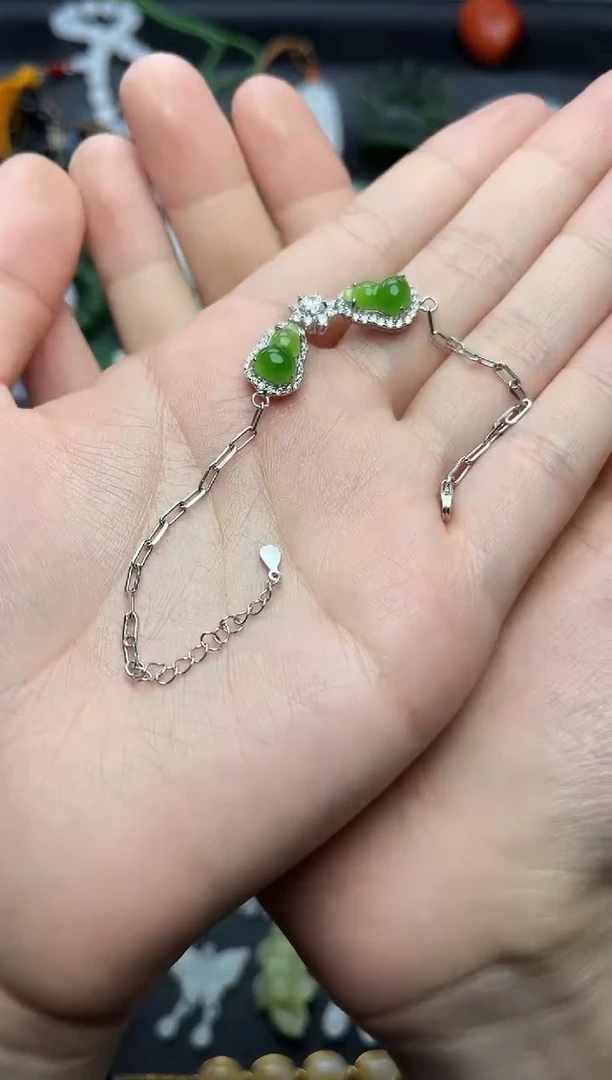 银S925镶嵌手链和田玉葫芦手链06
