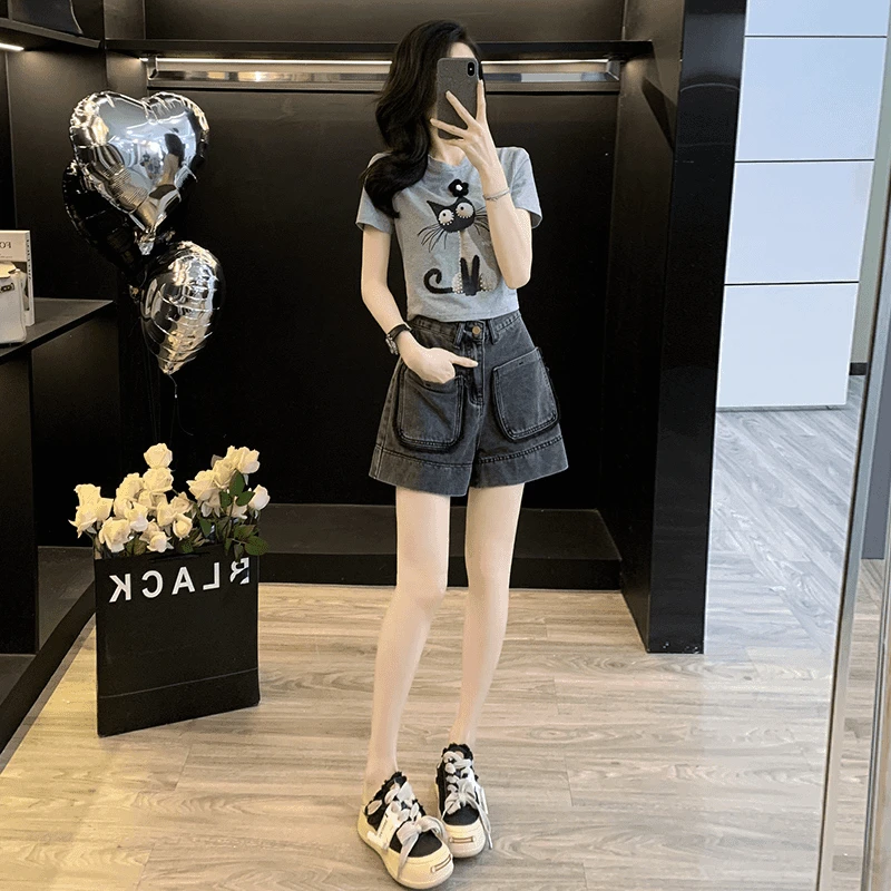 2025炸街女装气质牛仔韩版洋气休闲减龄短裤短袖T恤多巴胺套装