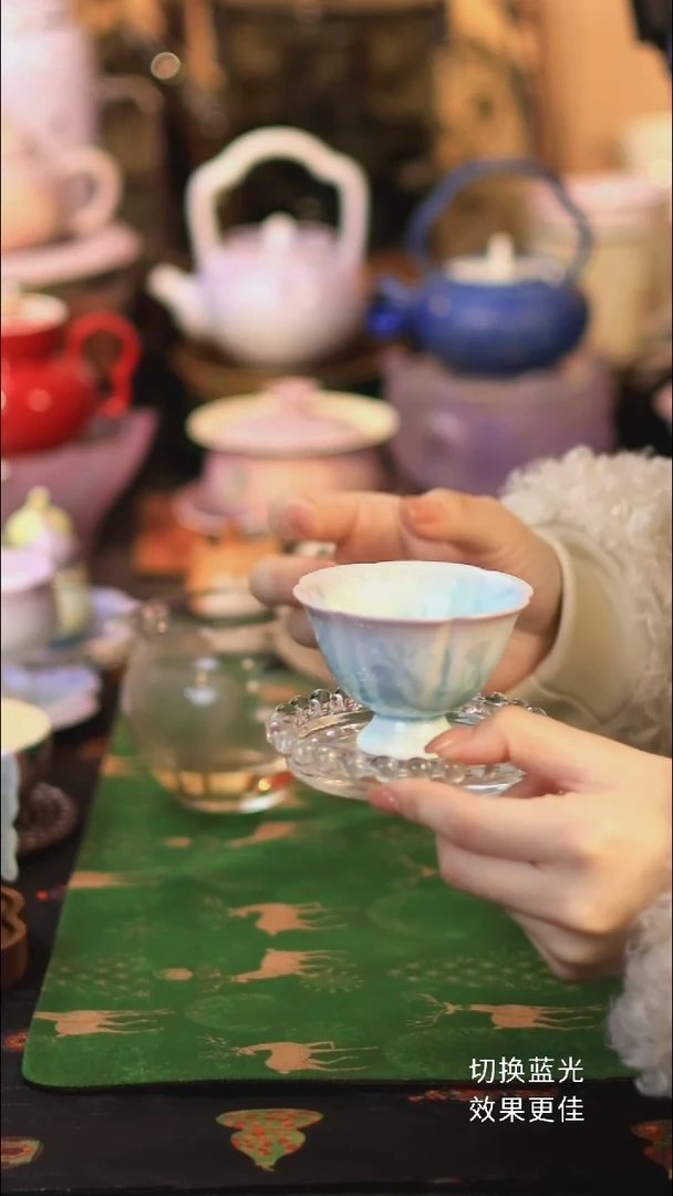 结晶釉紫青高足花口杯福利款