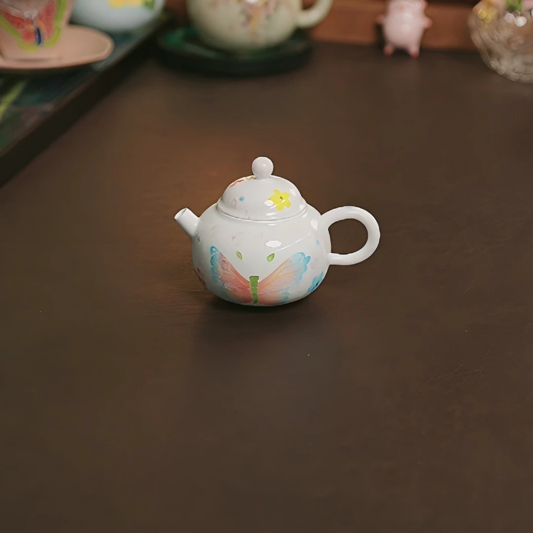 彩蝶纯手绘堆绘小清新女士功夫泡茶陶瓷茶具德钟壶
