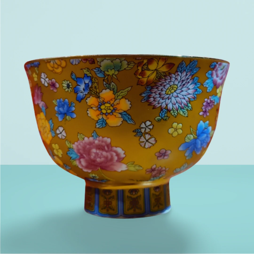 珐琅彩釉上彩多色陶瓷金边田园风万花男女款式家用接待藏族茶碗