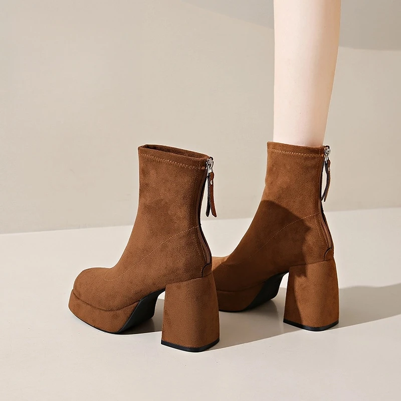 元瑶家高跟鞋粗跟马丁靴女2025秋冬新款英伦风防水台百搭瘦瘦短靴