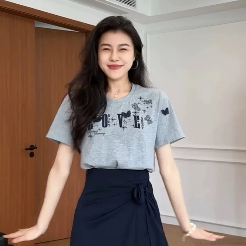 Tides新款高级灰色短袖小上衣超好看不撞款夏日宽松拼接女聚酯纤