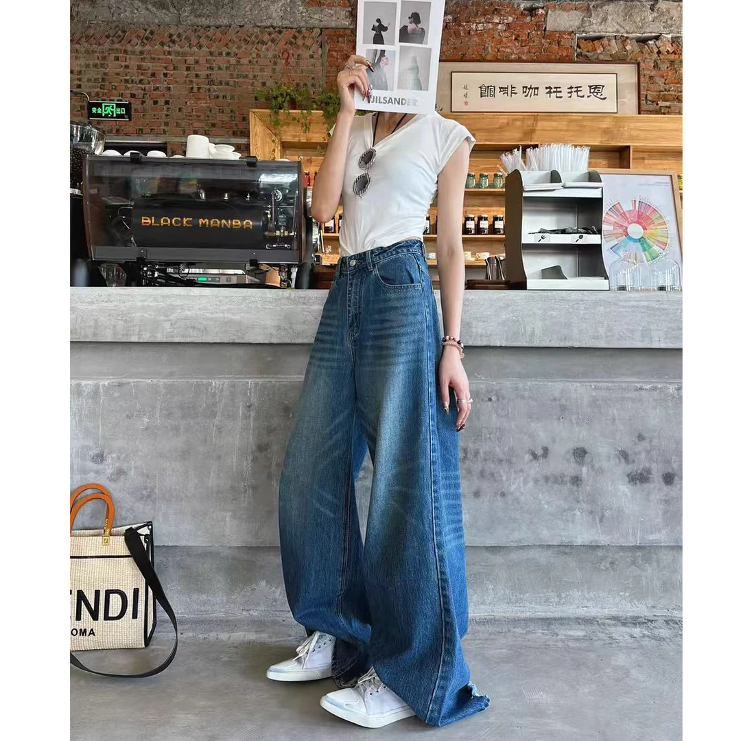 猫猫加长女裤高个子街头风做旧破洞牛仔裤571001