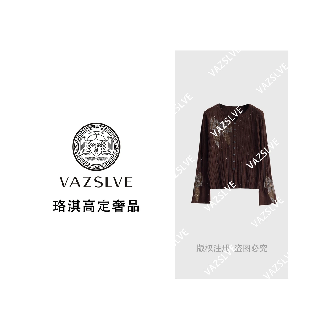 【VAZSLVE/珞淇高定】桑蚕丝羊毛烫钻竖坑条蝴蝶结针织开衫msl585