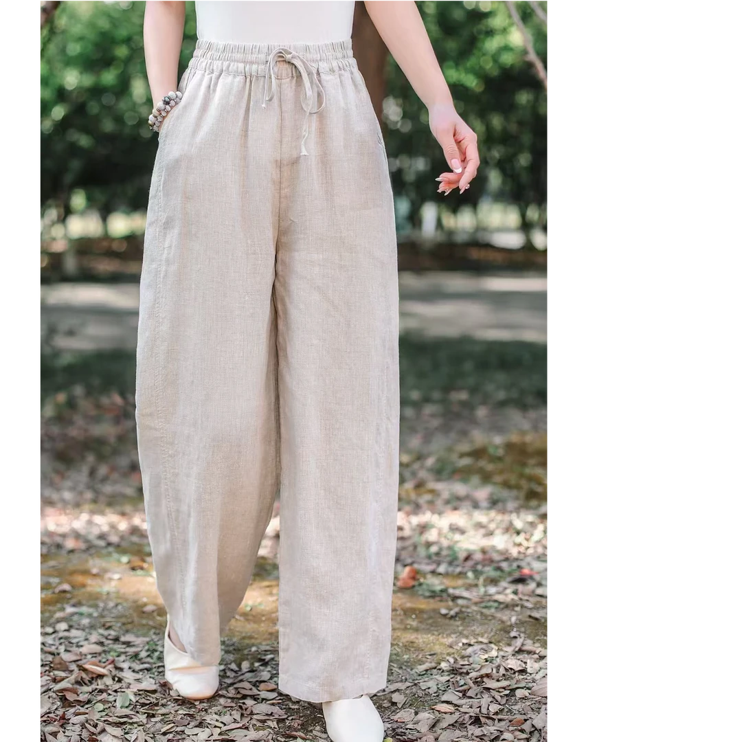 女士亚麻裤子夏季2025新款宽松休闲裤松紧腰直筒裤透气长裤9033