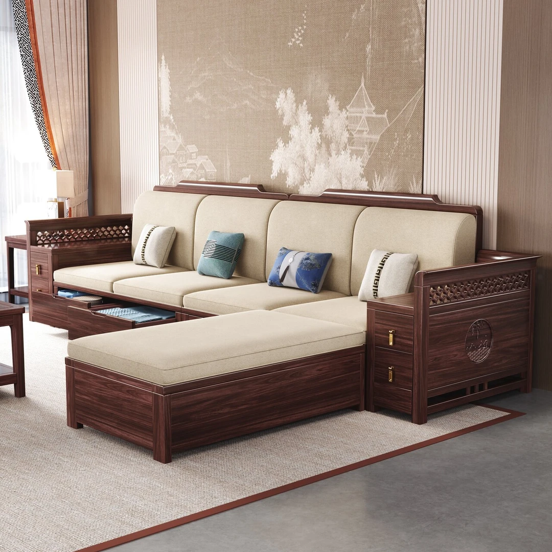 新中式乌金木实木沙发客厅组合现代家用冬夏两用高箱储物贵妃沙发
