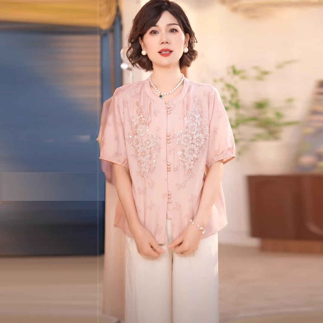 2025新款妈妈装夏装短袖时尚气质中年女装宽松新休闲小衫两件套装