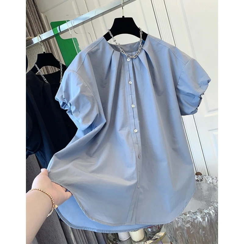 K0555夏季法式设计绝美泡泡袖短袖衬衫宽松小衫上衣女韩版蓝色