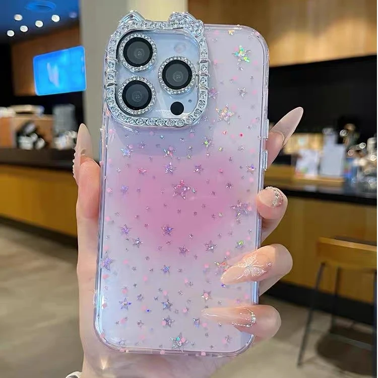 ins淡粉晕染爱心适用iPhone16pro手机壳15promax猫咪镜框14pro女