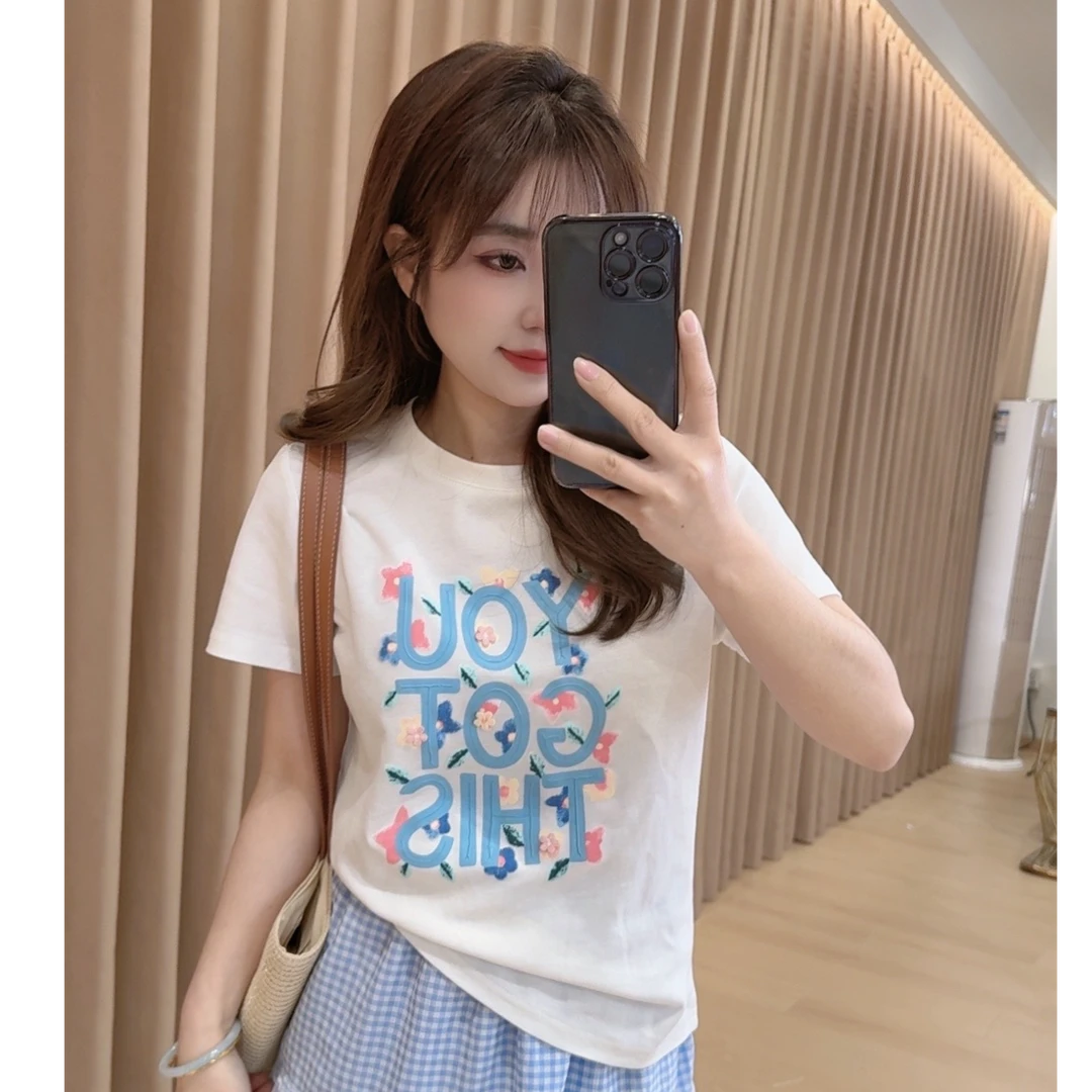 奈奈妮【天天向上】撞色字母圆领短袖t恤洋气百搭正肩显瘦上衣8106