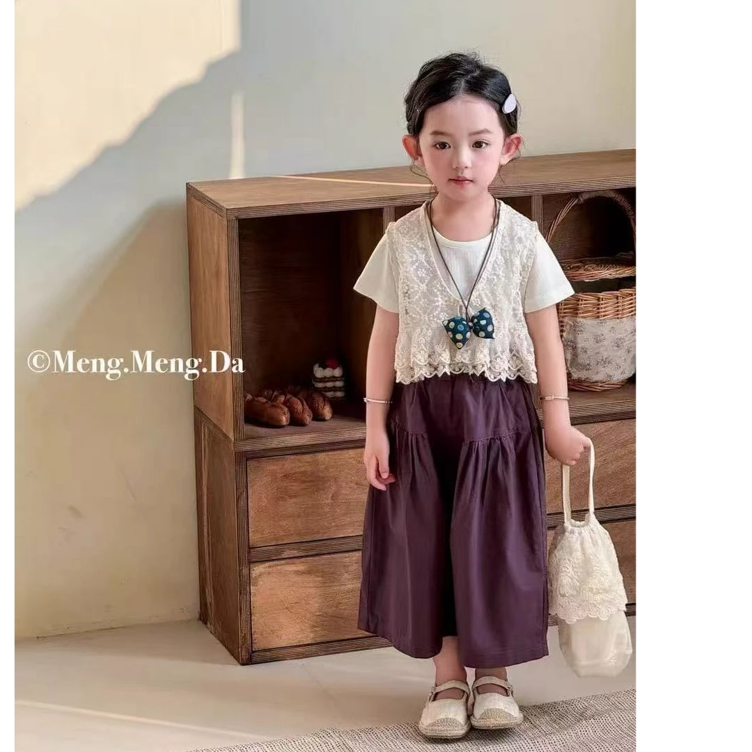 女童夏季套装2025新款儿童夏装韩版洋气时髦女宝宝蕾丝马甲三件套