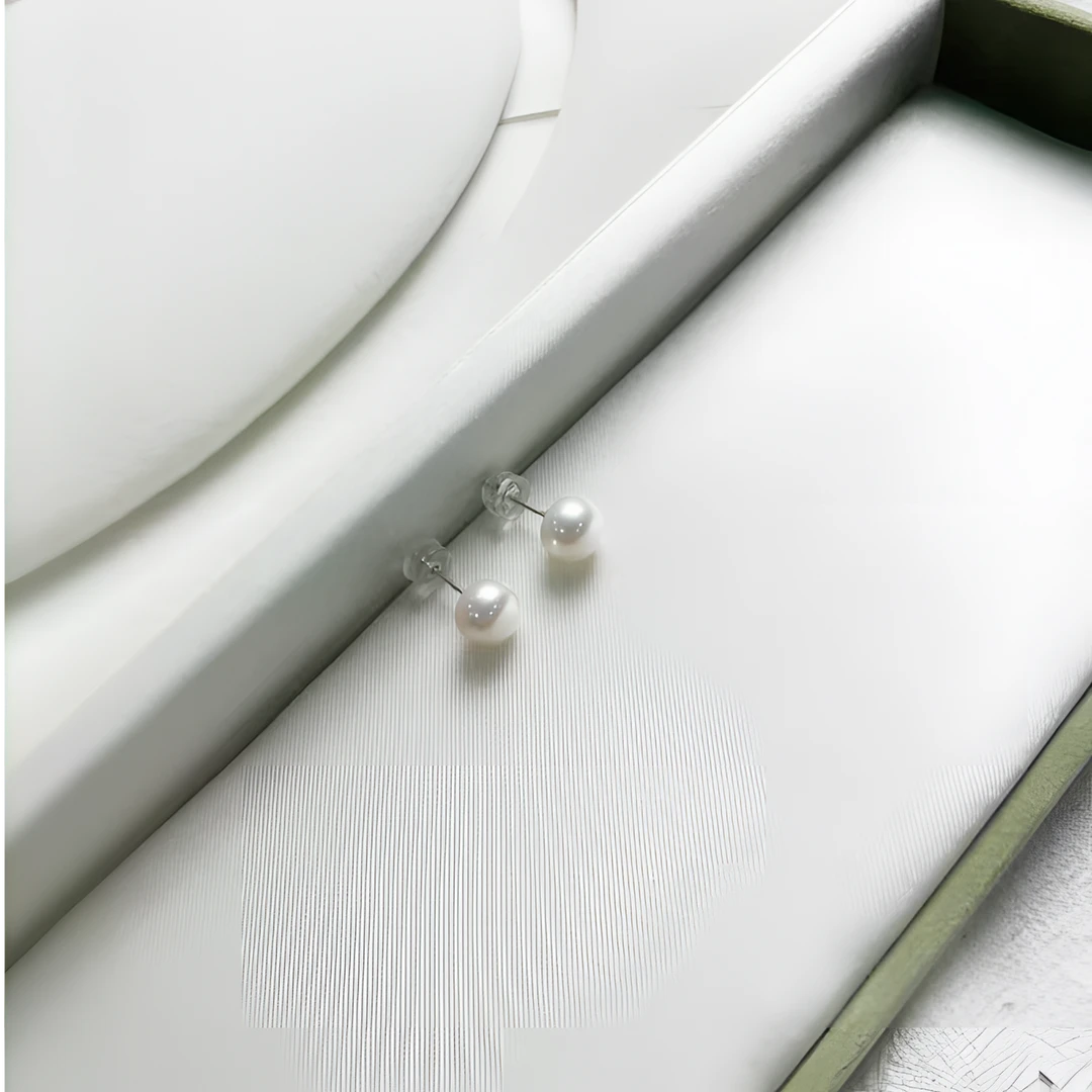 馒头珠7-8mm极强光镜面无暇淡水珍珠s925银耳钉素钉百搭轻奢气质