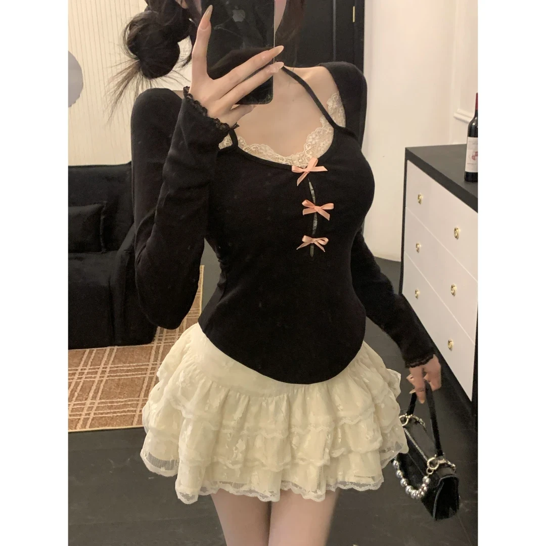 溪溪靓衫甜辣妹蕾丝拼接挂脖上衣女春季纯欲性感蓬蓬蛋糕裙套装女