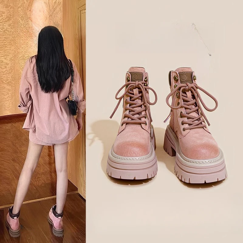 厚底马丁靴女款秋季2025新款系带小个子高级感女靴粉色内增高短靴
