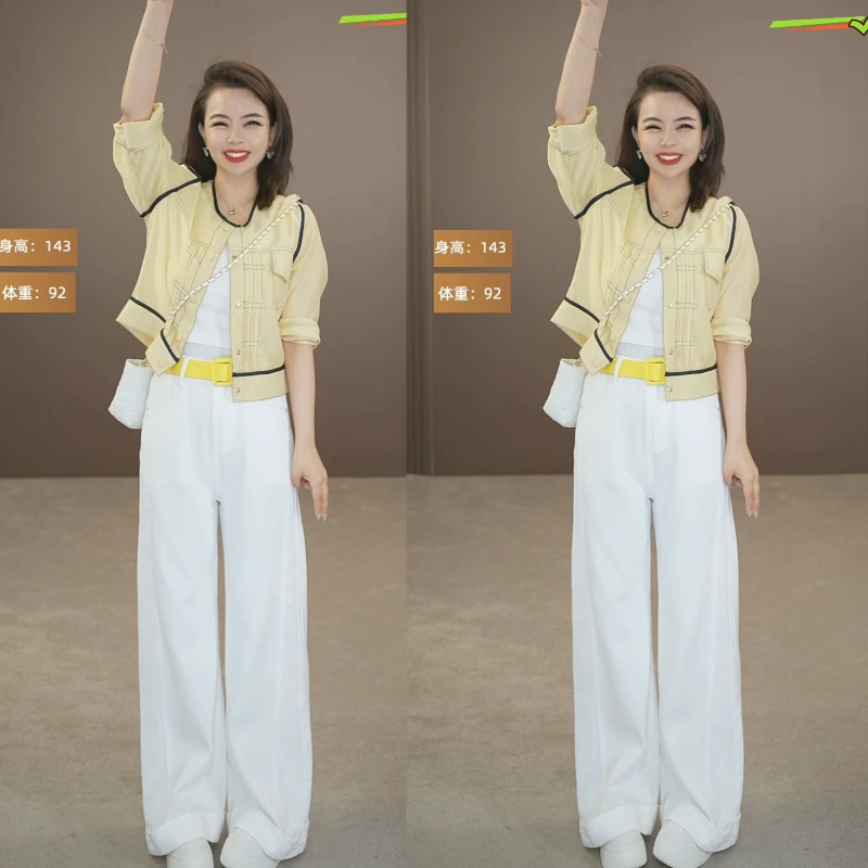 9910夏季八分直筒牛仔裤女高腰宽松垂感阔腿裤女小个子白色